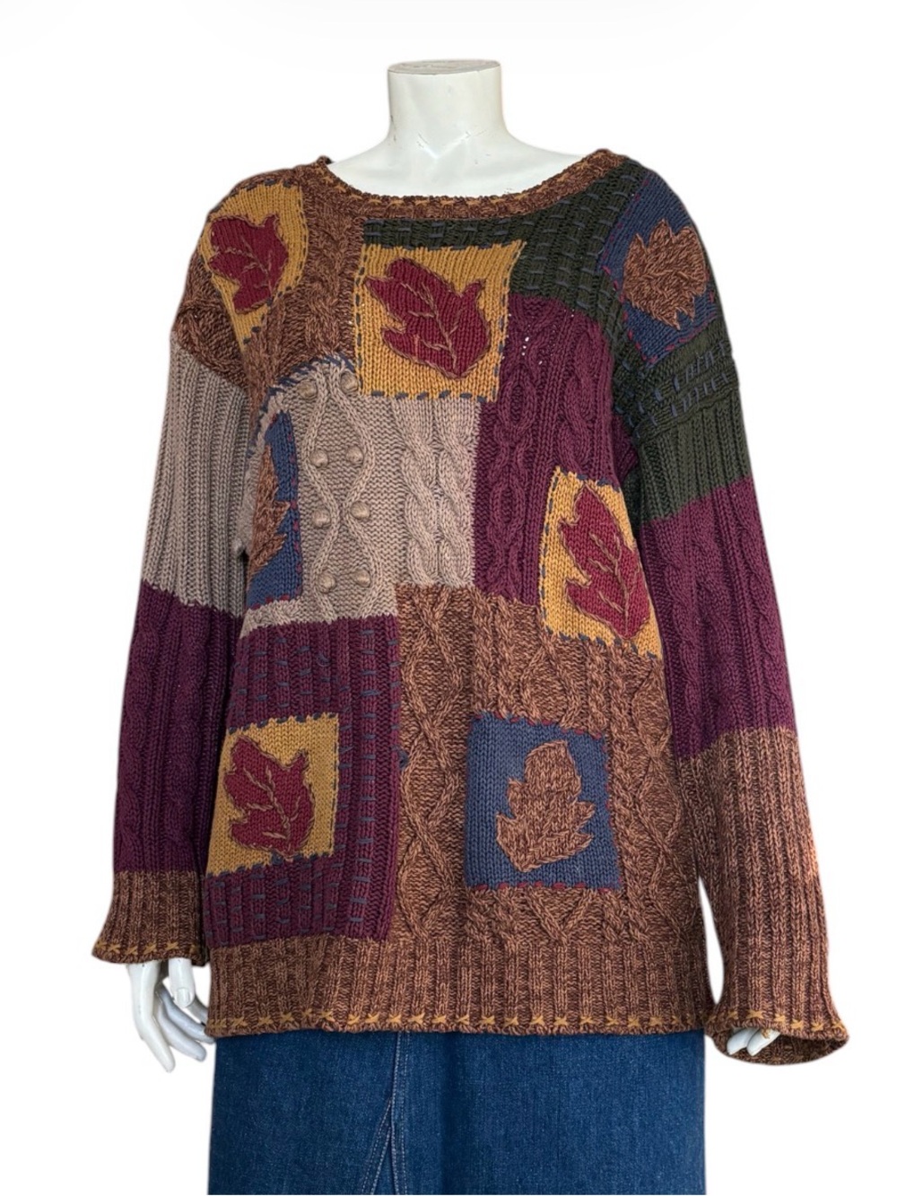 Vintage Hand-Knit KENJI Patchwork Sweater L Multicolour Autumn Fal Leaf motifs